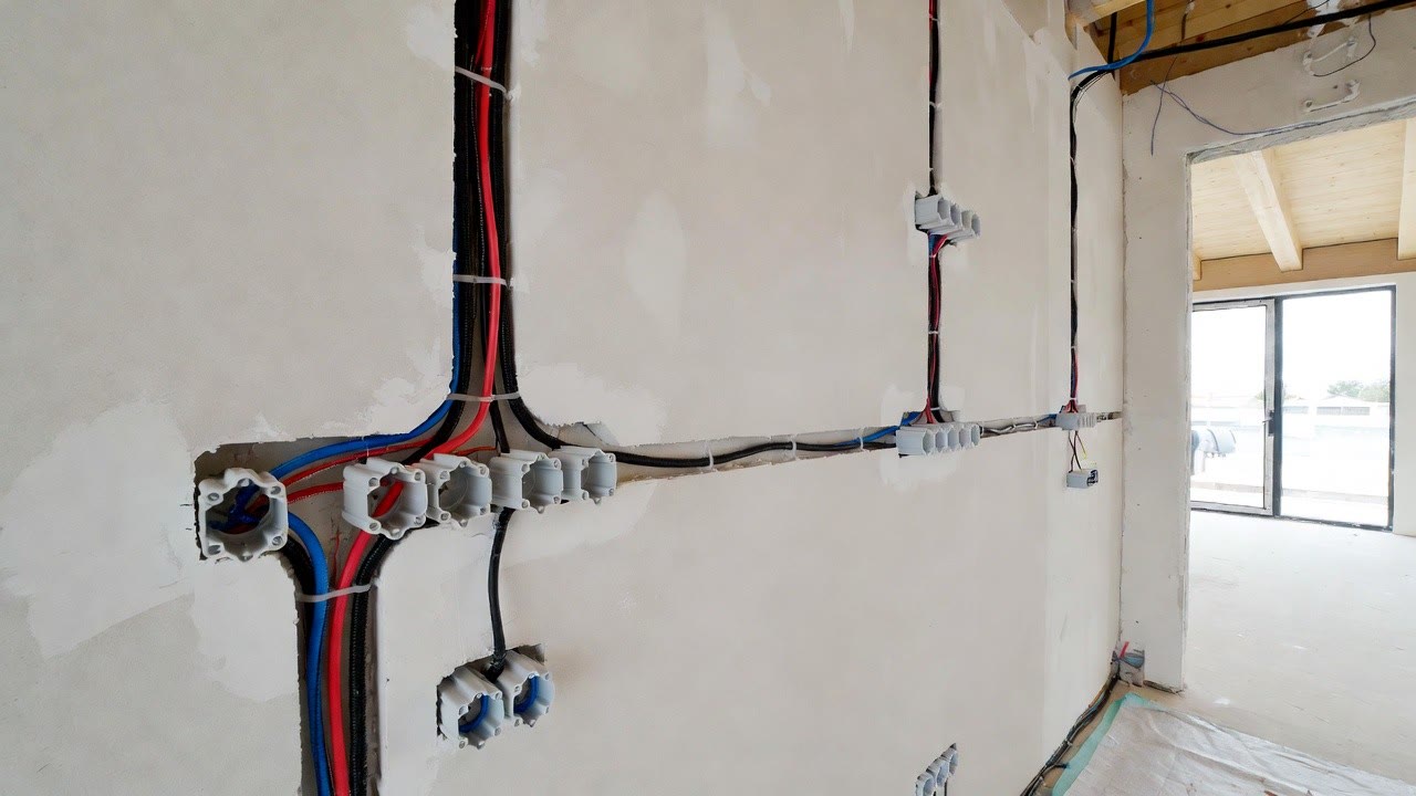 Neu verlegte Leitungen und Unterputzdosen im Rohbau