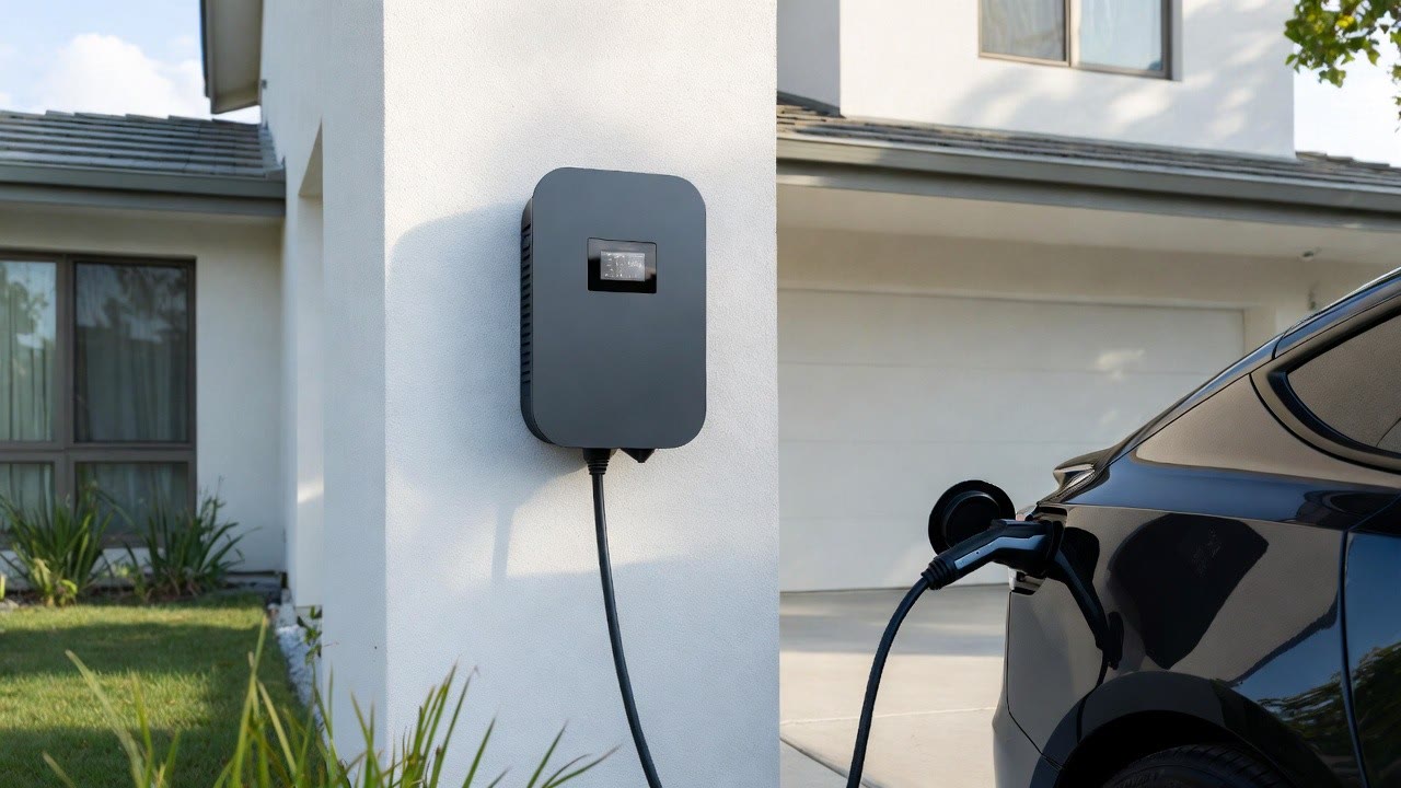 Wallbox an einer Hauswand, ein E-Auto lädt